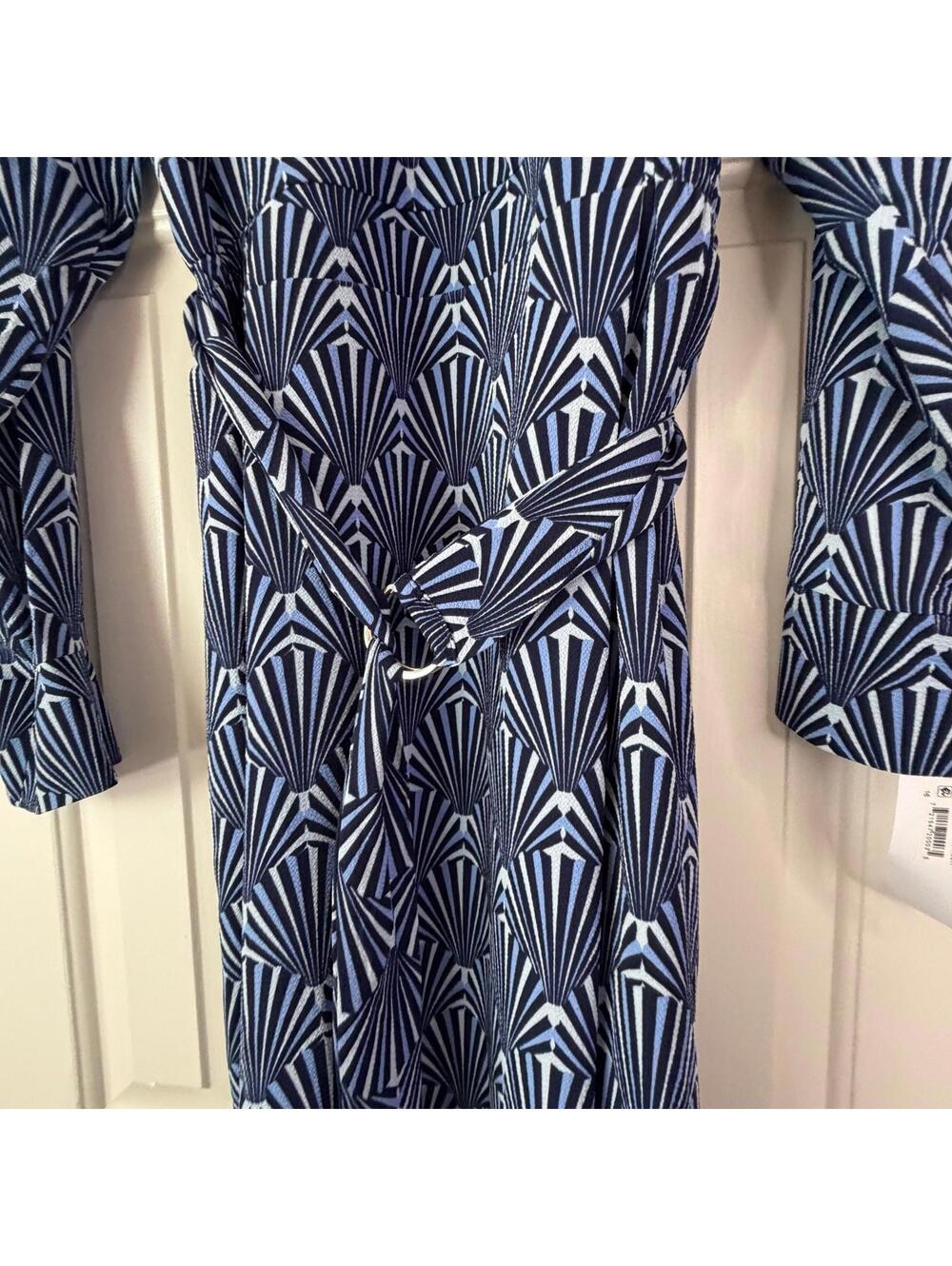 London Times Blue Geometric Wrap Midi Dress Long Sleeve NWT 16 - Picture 3 of 9